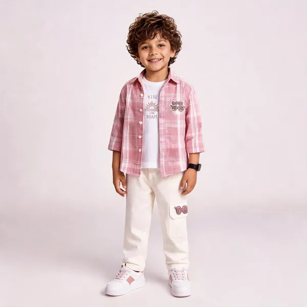 Pink_Cotton_Plaid_Casual_Shirt_Set_For_Boys