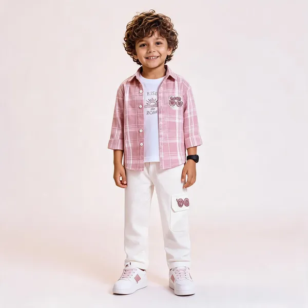 Pink_Cotton_Plaid_Casual_Shirt_Set_For_Boys