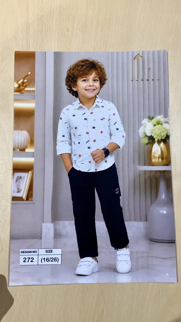 White_Printed_Shirt_And_Navy_Trousers_Set_For_Boys