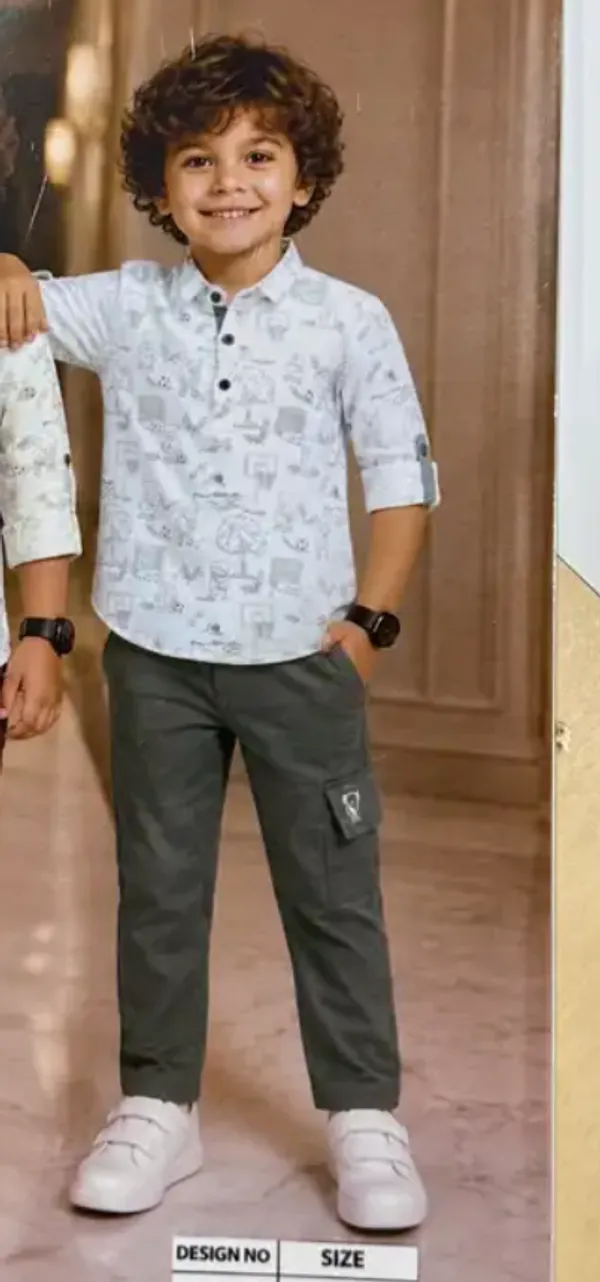 White_Printed_Shirt_And_Grey_Cargo_Pants_Set_for_Boys