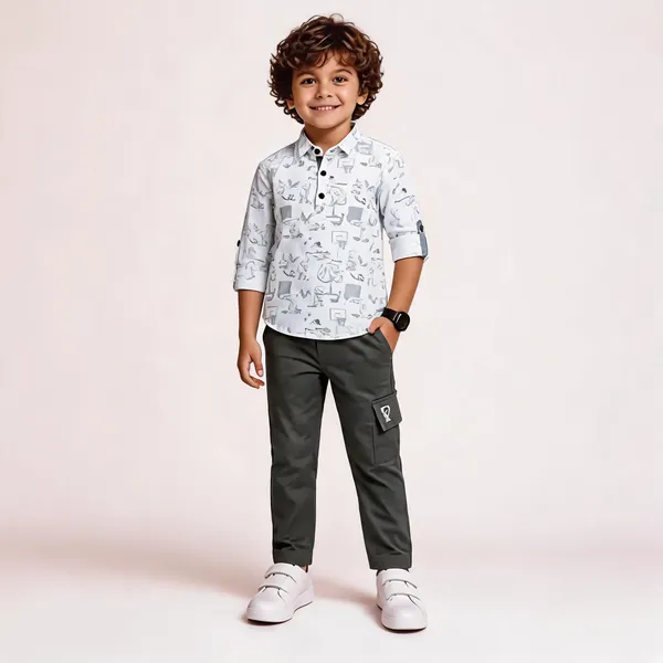 White_And_Grey_Cotton_Printed_Shirt_And_Cargo_Pants_Set_For_Boys