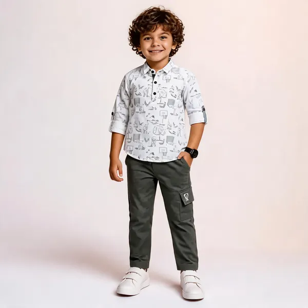 White_And_Grey_Cotton_Printed_Shirt_And_Cargo_Pants_Set_For_Boys