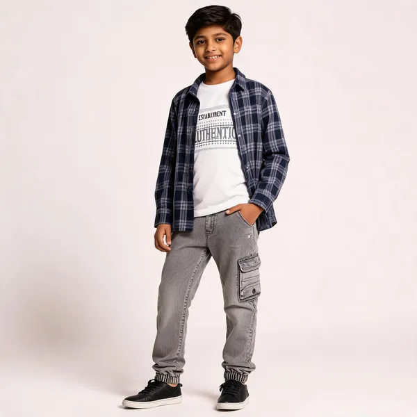 Blue_Grey_Cotton_Plaid_Shirt_And_Cargo_Pants_Set_For_Boys