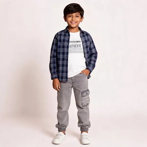 Blue_Grey_Cotton_Plaid_Shirt_And_Cargo_Pants_Set_For_Boys