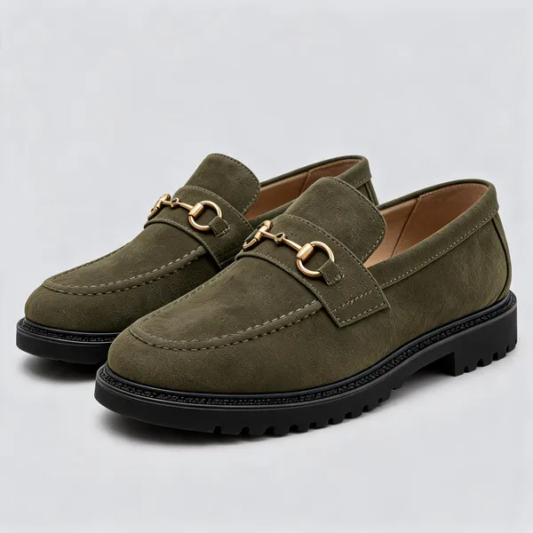 Olive_Suede_Horsebit_Slip_On_Loafers_For_Men