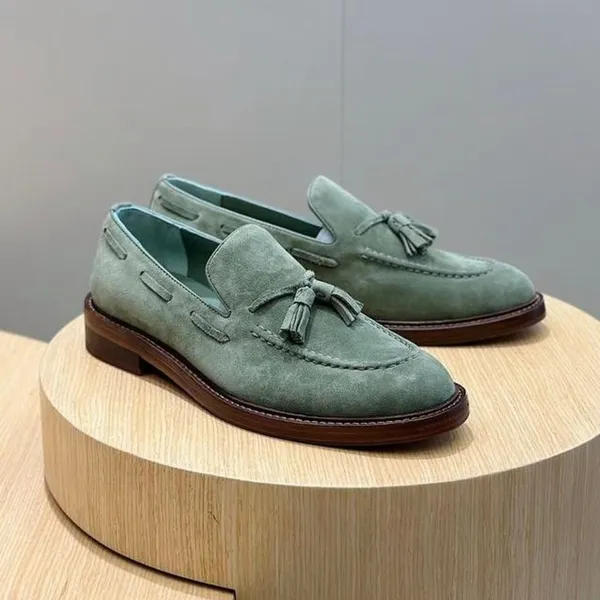 Green_Suede_Tassel_Slip_On_Loafers_For_Men