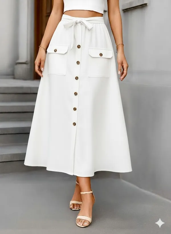 White_A-Line_Button_Front_Midi_Skirt_for_Women