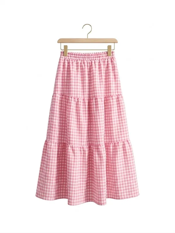 Pink_Gingham_Tiered_Midi_Skirt_for_Women