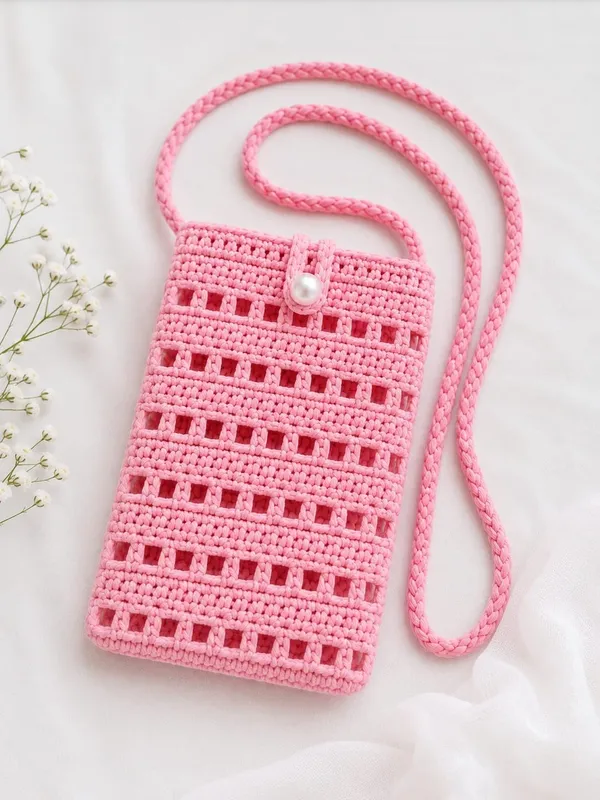 Hand_Made_Pink_Crochet_Crossbody_Phone_Bag_With_Pearl_Button_Closure