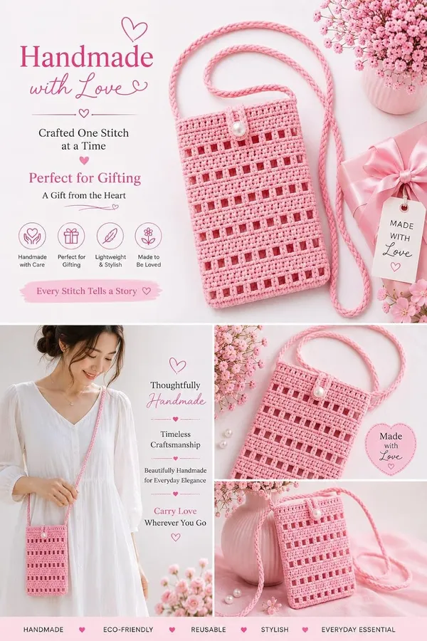 Hand_Made_Pink_Crochet_Crossbody_Phone_Bag_With_Pearl_Button_Closure