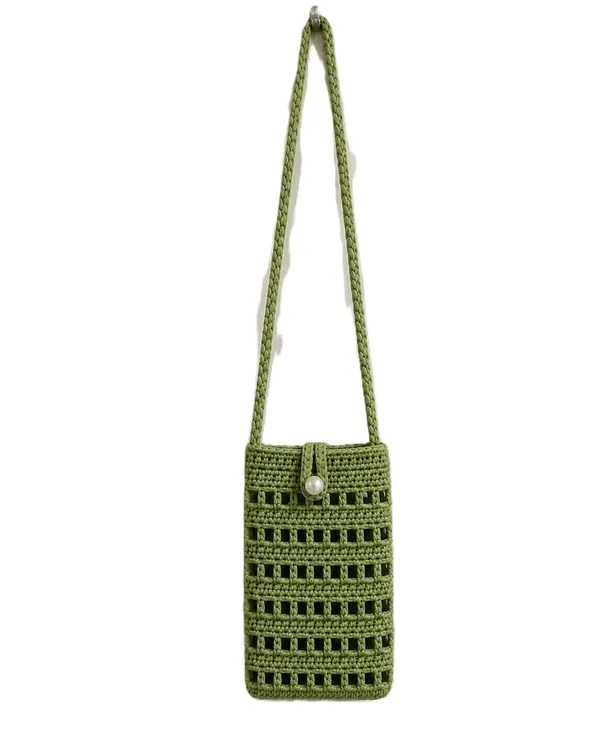Hand_Made_Crochet_Crossbody_Phone_Bag_Green_With_Pearl_Button_Closure