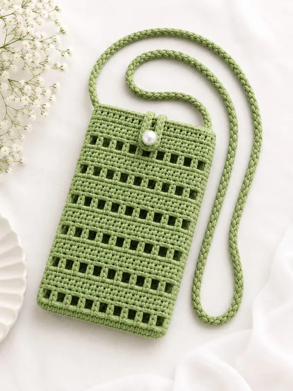 Hand_Made_Crochet_Crossbody_Phone_Bag_Green_With_Pearl_Button_Closure