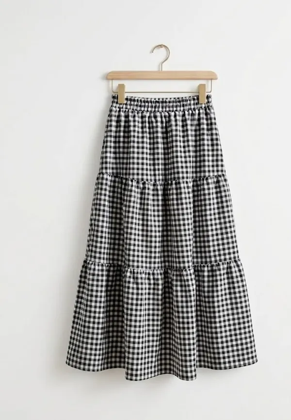 Black_And_White_Gingham_Tiered_Midi_Skirt_for_Women