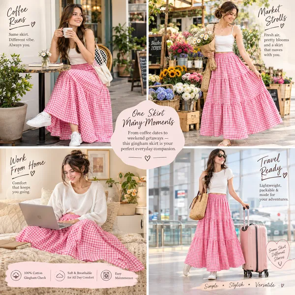 Pink_Gingham_Tiered_Midi_Skirt_For_Women