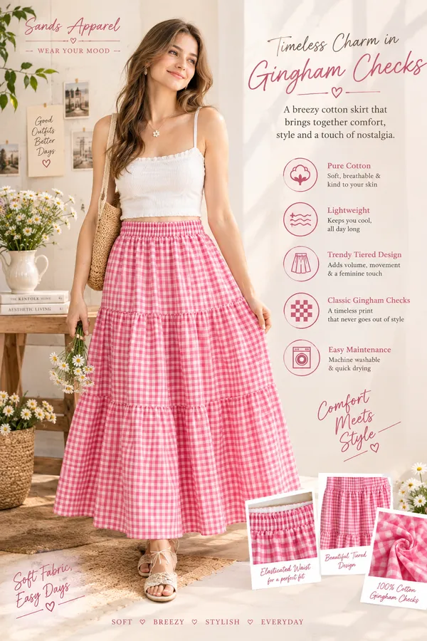 Pink_Gingham_Tiered_Midi_Skirt_For_Women