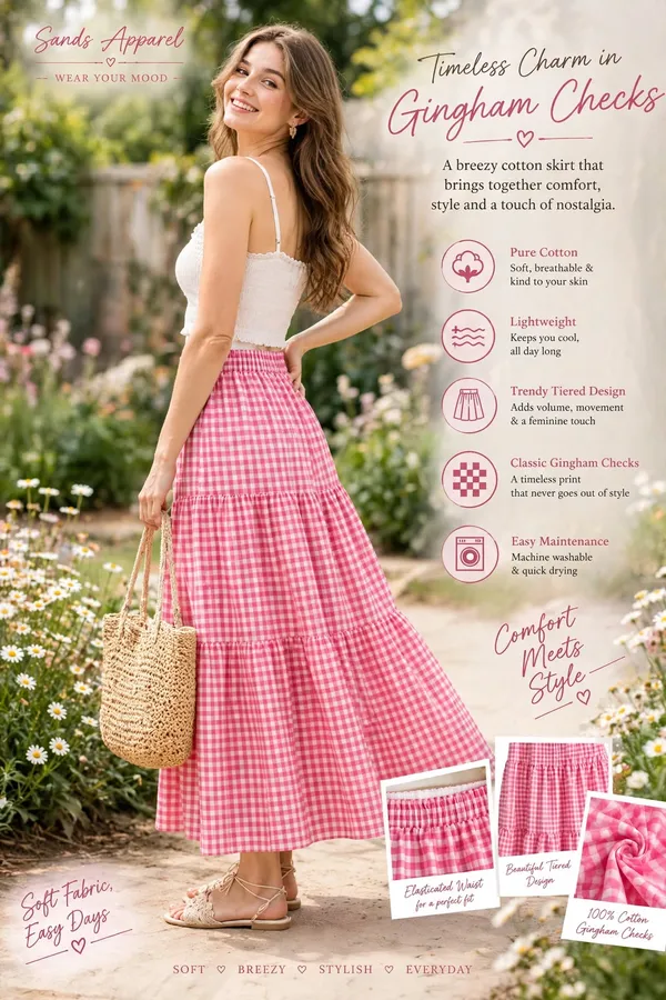 Pink_Gingham_Tiered_Midi_Skirt_For_Women