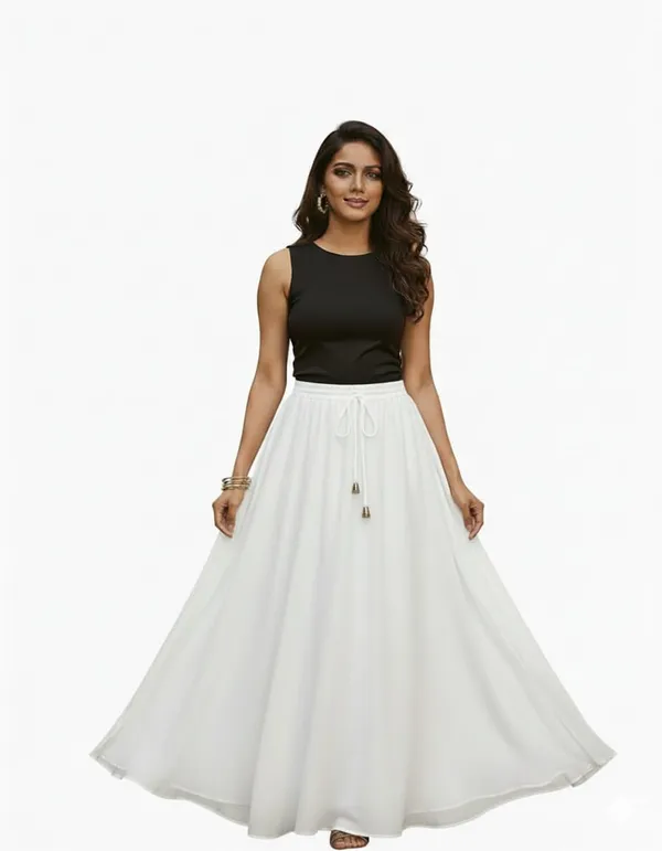 White_Poly_Georgette_Flared_Maxi_Skirt_for_Women