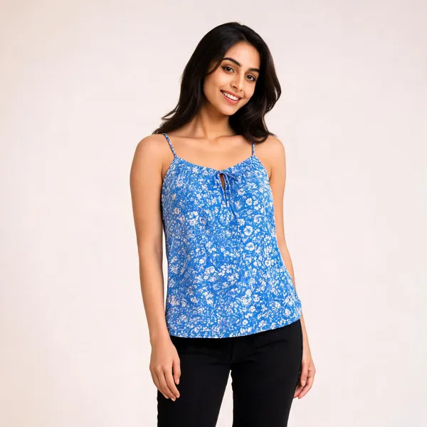 Women_Blue_Floral_Print_Cami_Top_With_Tie_Front_Detail
