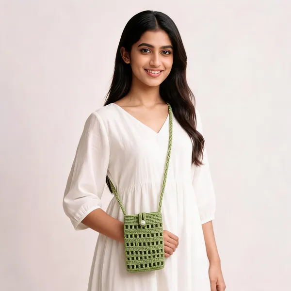 Hand_Made_Crochet_Crossbody_Phone_Bag_Green_With_Pearl_Button_Closure