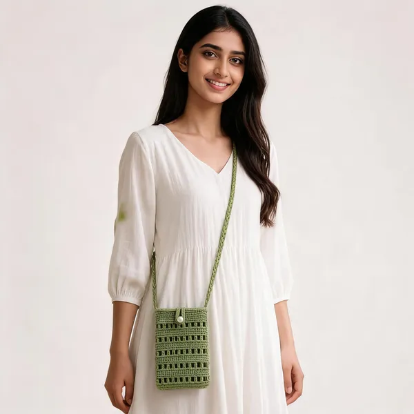 Hand_Made_Crochet_Crossbody_Phone_Bag_Green_With_Pearl_Button_Closure