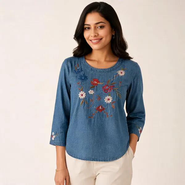 Women_Denim_Top_With_Floral_Embroidery_3_4_Sleeves_Size_S