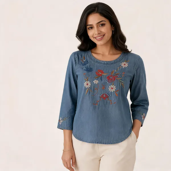 Women_Denim_Top_With_Floral_Embroidery_3_4_Sleeves_Size_S
