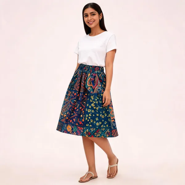 Women_Boho_Floral_Patchwork_Print_Gathered_Midi_Skirt