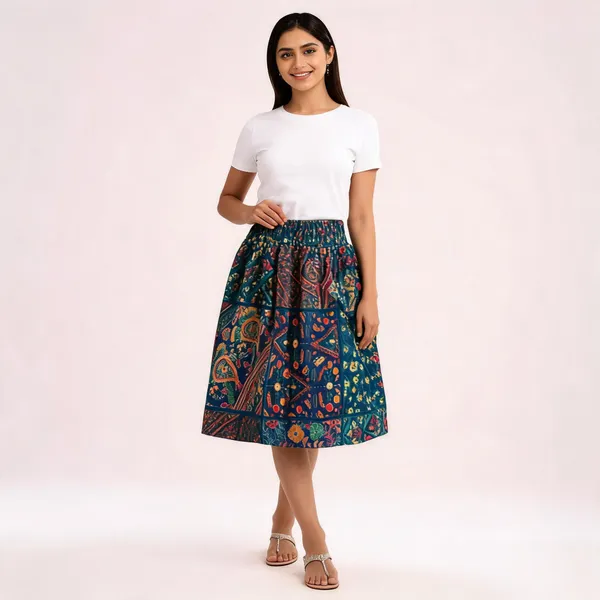 Women_Boho_Floral_Patchwork_Print_Gathered_Midi_Skirt