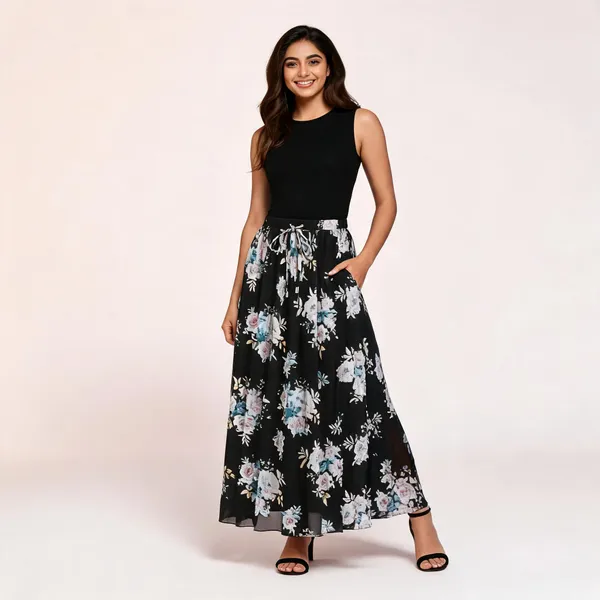 Black_Chiffon_Floral_Print_Maxi_Skirt_For_Women