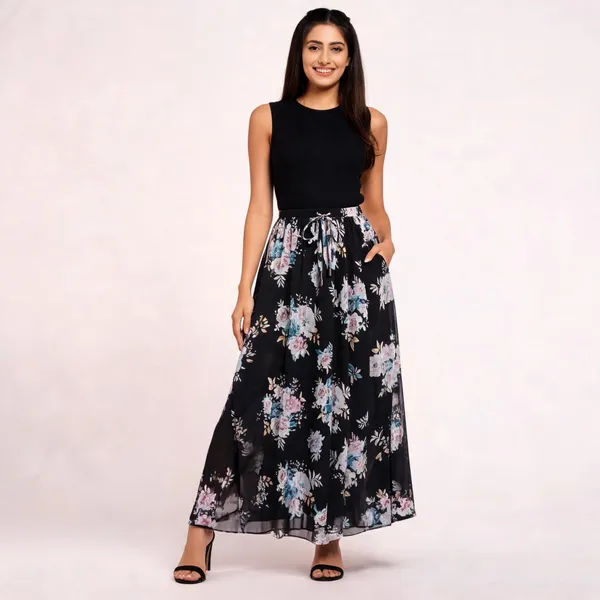 Black_Chiffon_Floral_Print_Maxi_Skirt_For_Women