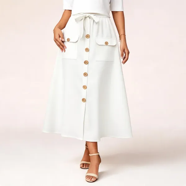 White_A-Line_Button_Front_Midi_Skirt_For_Women
