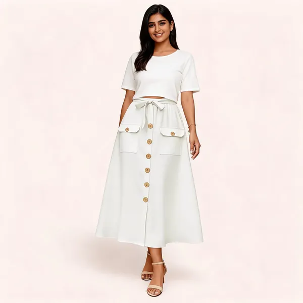 White_A-Line_Button_Front_Midi_Skirt_For_Women