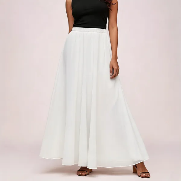 White_Poly_Georgette_Flared_Maxi_Skirt_For_Women
