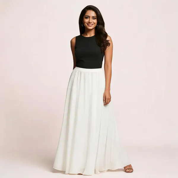 White_Poly_Georgette_Flared_Maxi_Skirt_For_Women
