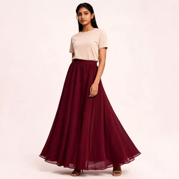 Maroon_Poly_Georgette_Flared_Skirt_For_Women