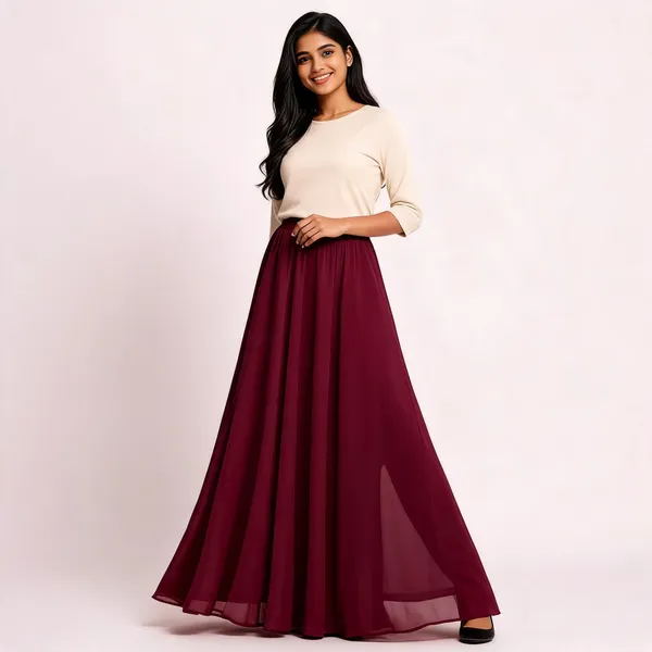 Maroon_Poly_Georgette_Flared_Skirt_For_Women