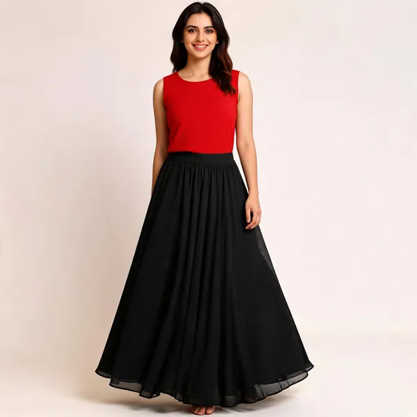 Black_Poly_Georgette_Flared_Skirt_For_Women