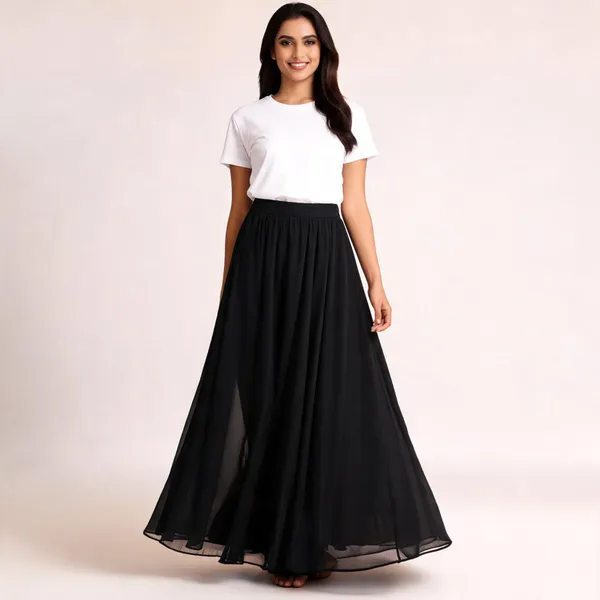 Black_Poly_Georgette_Flared_Skirt_For_Women