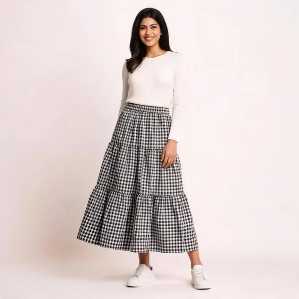 Black_And_White_Gingham_Tiered_Midi_Skirt_For_Women