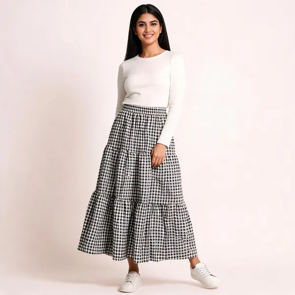 Black_And_White_Gingham_Tiered_Midi_Skirt_For_Women