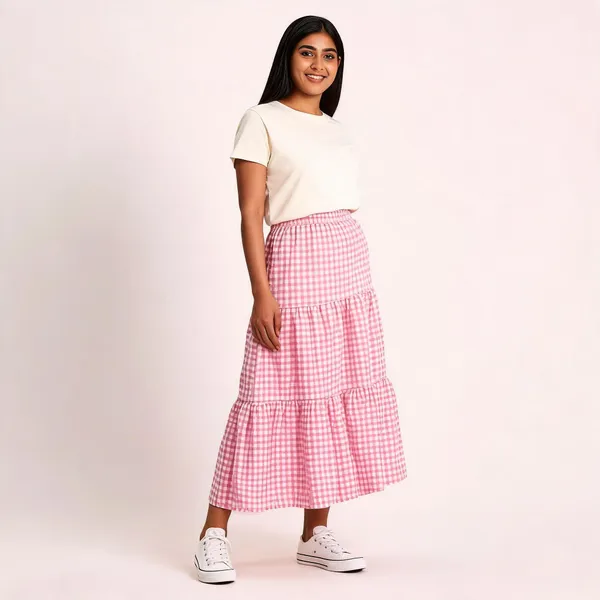 Pink_Gingham_Tiered_Midi_Skirt_For_Women