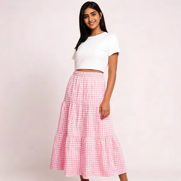 Pink_Gingham_Tiered_Midi_Skirt_For_Women