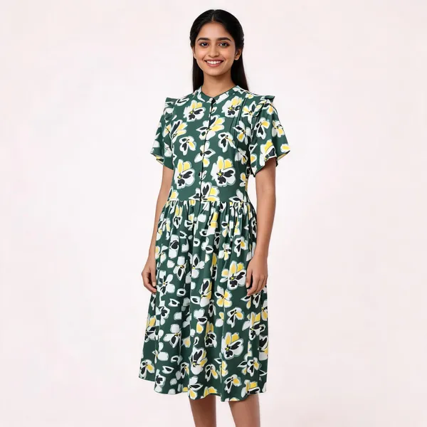 Green_Floral_Print_Gathered_Waist_Midi_Dress_For_Women