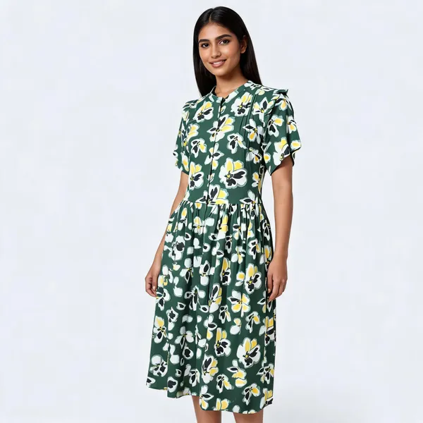 Green_Floral_Print_Gathered_Waist_Midi_Dress_For_Women