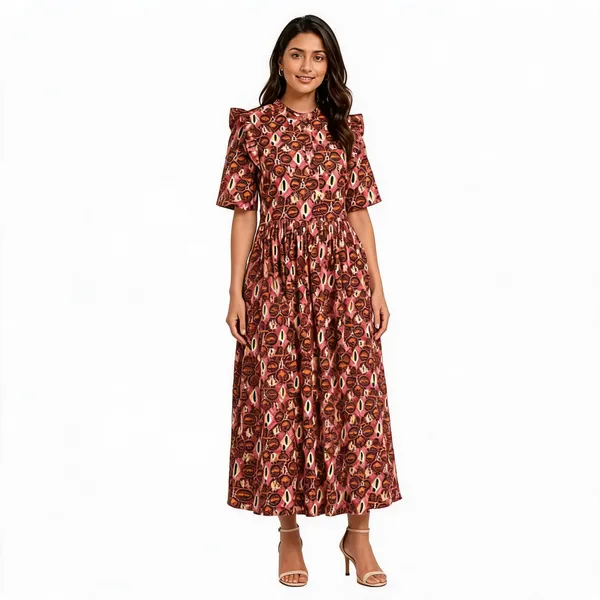Brown_Printed_Fit_And_Flare_Dress_For_Women