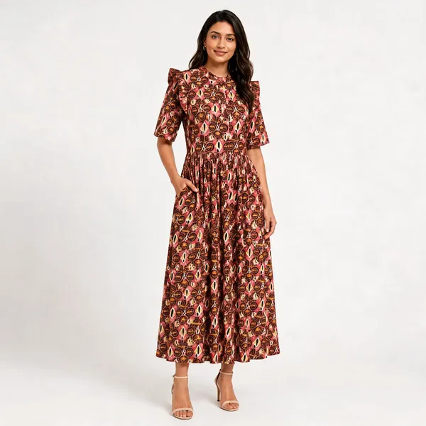 Brown_Printed_Fit_And_Flare_Dress_For_Women