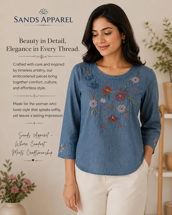 Women_S_Denim_Top_With_Floral_Embroidery_3_4_Sleeves_Size_S
