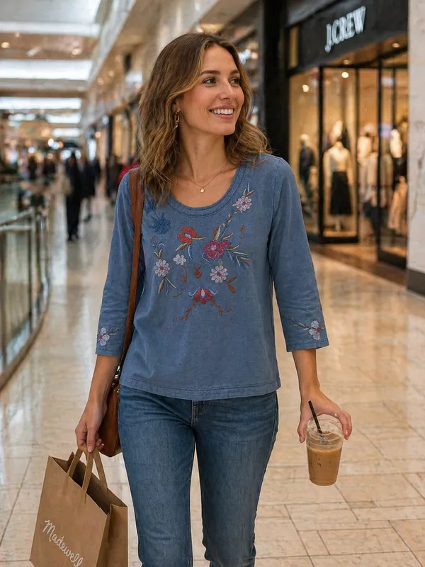 Women_S_Denim_Top_With_Floral_Embroidery_3_4_Sleeves_Size_S