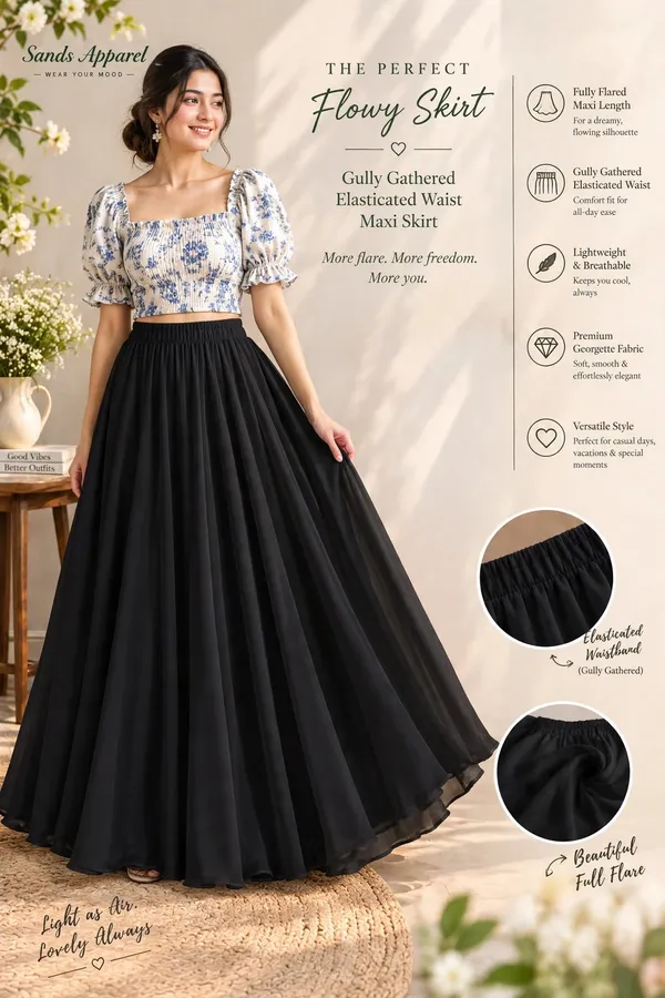 Black_Poly_Georgette_Flared_Skirt_For_Women