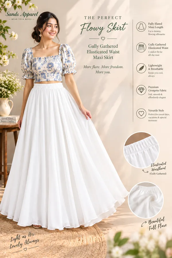 White_Poly_Georgette_Flared_Maxi_Skirt_For_Women